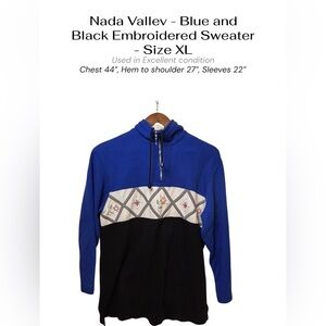 Nada Valley Blue & Black Embroidered Half Zip Sweater XL